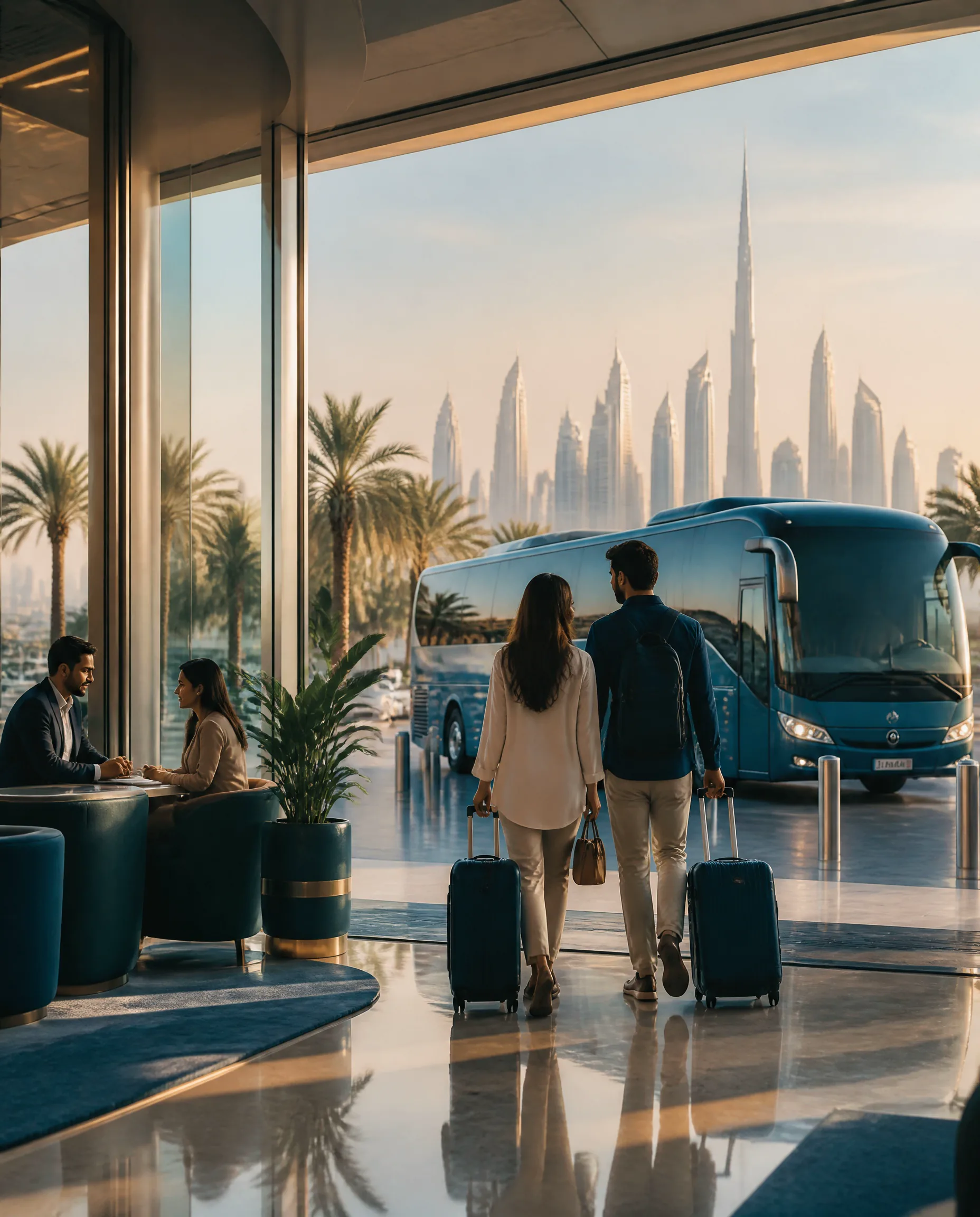 Airport and coach travel scene representing smooth UAE visa-change support